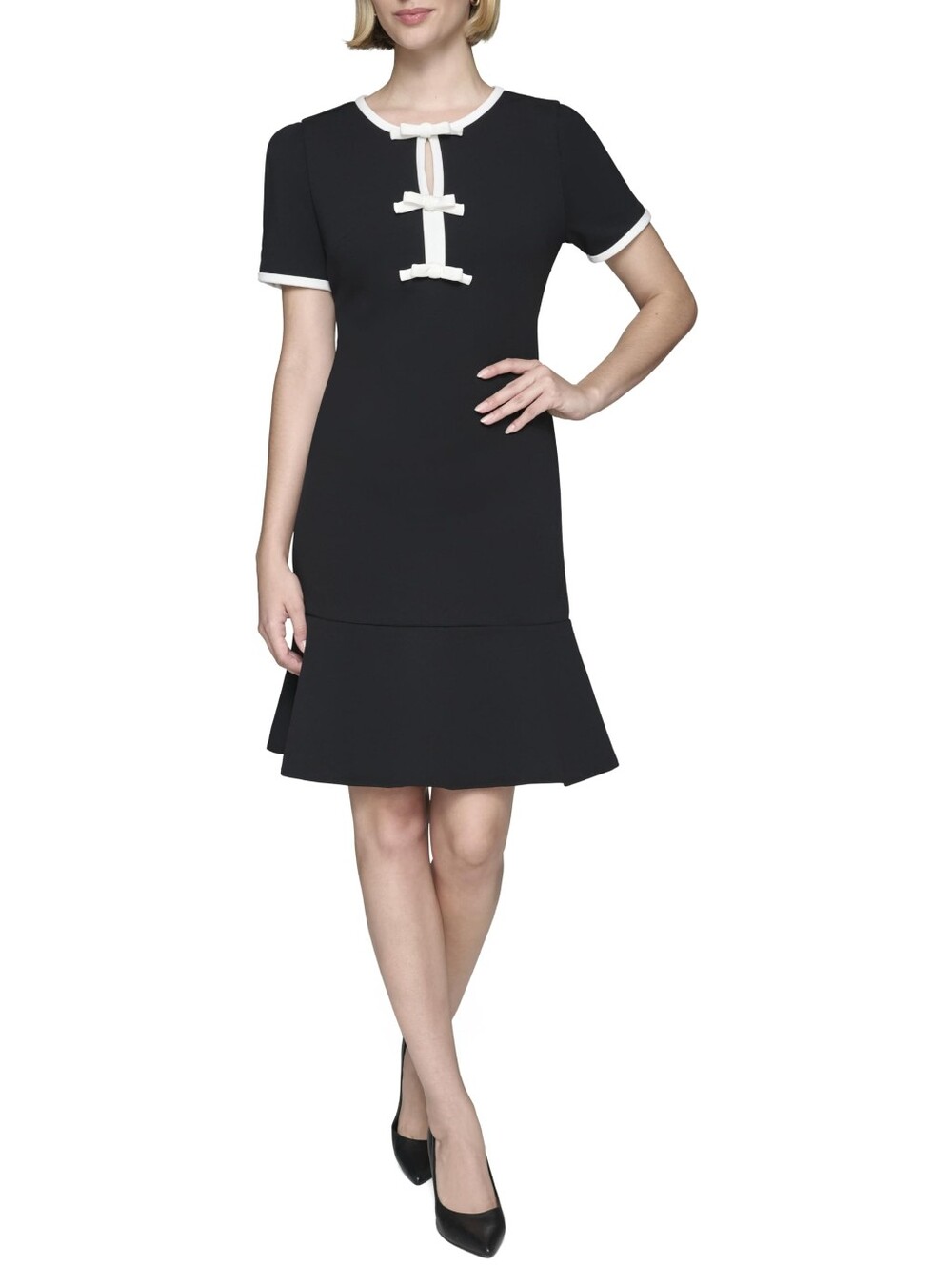KARL LAGERFELD Womens Puff Sleeve Dress A line black/white Bow Detail Ruffle, 10